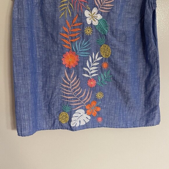 Talbots Women S Blue Linen Cotton Tropical Floral Embroidered Split Neck Top - Picture 3 of 11